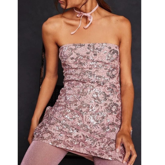 Free People Pink Sequined Strapless Dress - Picture 1 of 4